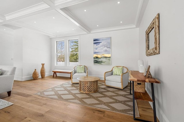 30 Alberta Ave, Newburyport, MA 01950 - living area with beamed ceiling, wood finished floors, baseboards, recessed lighting, and crown molding