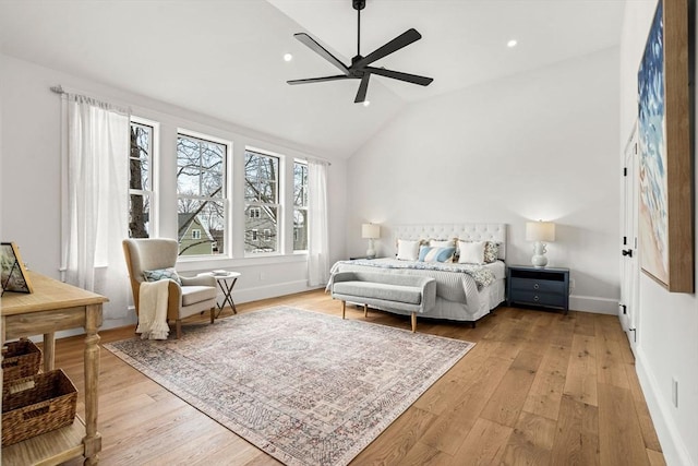 30 Alberta Ave, Newburyport, MA 01950 - bedroom with vaulted ceiling, light wood-type flooring, baseboards, ceiling fan, and recessed lighting