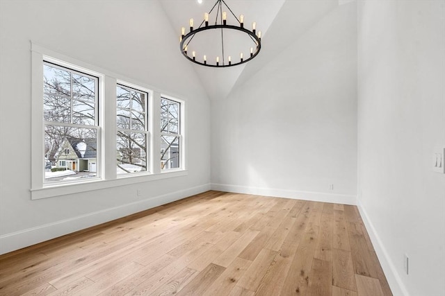 30 Alberta Ave, Newburyport, MA 01950 - spare room with a chandelier, light wood finished floors, baseboards, and high vaulted ceiling