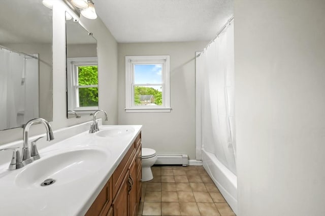 24 Highland Ave, Millbury, MA 01527 - bathroom with a baseboard heating unit, double vanity, tile patterned floors, toilet, and shower / bath combination with curtain