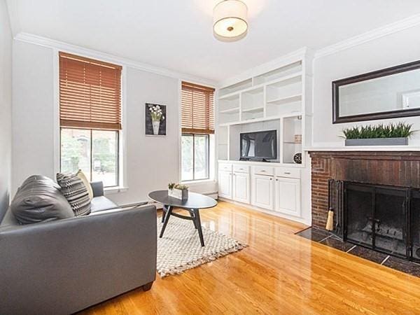 455 Massachusetts Ave Unit 2, Boston, MA 02118 - living area featuring ornamental molding, light wood finished floors, a brick fireplace, and built in features