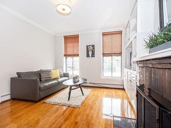 455 Massachusetts Ave Unit 2, Boston, MA 02118 - living area featuring ornamental molding, baseboard heating, and light wood-style flooring