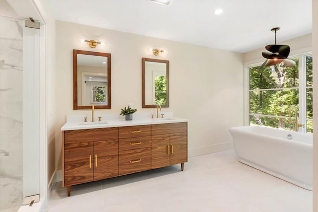 8 Evergreen Ln, Hingham, MA 02043 - bathroom featuring double vanity, a marble finish shower, a soaking tub, baseboards, and recessed lighting