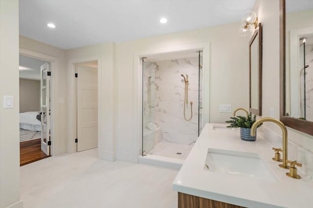 8 Evergreen Ln, Hingham, MA 02043 - full bath featuring a marble finish shower, ensuite bathroom, double vanity, and recessed lighting