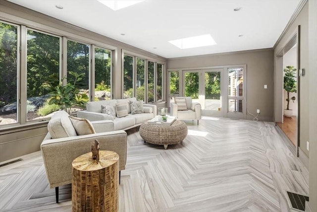 8 Evergreen Ln, Hingham, MA 02043 - sunroom / solarium with a skylight, healthy amount of natural light, french doors, baseboards, and ornamental molding