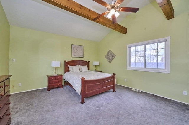 55 Friendship St, Billerica, MA 01821 - carpeted bedroom featuring visible vents, vaulted ceiling with beams, baseboards, and ceiling fan
