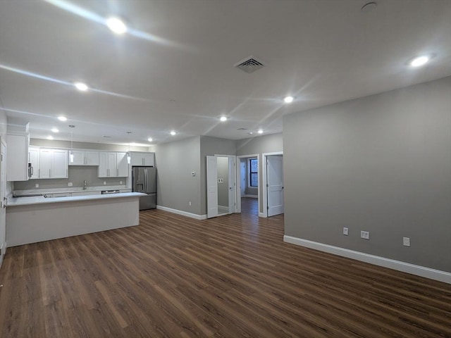13 Nahant St Unit 2B, Lynn, MA 01902 - kitchen featuring stainless steel refrigerator with ice dispenser, open floor plan, baseboards, dark wood-style floors, and recessed lighting