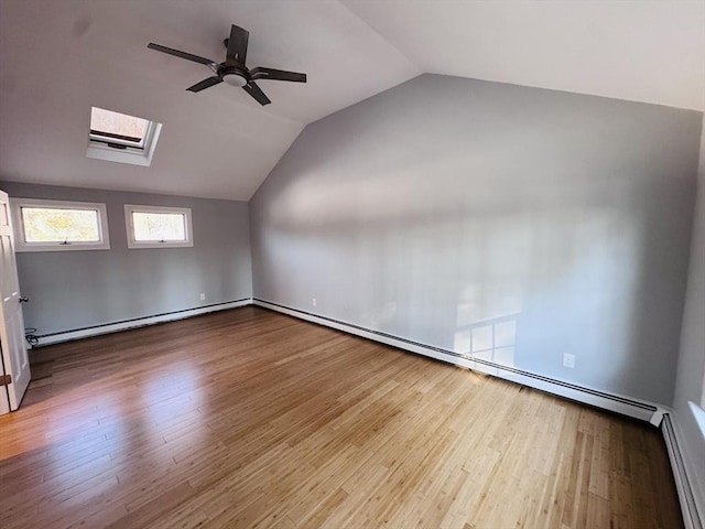 bonus room featuring lofted ceiling with skylight, ceiling fan, and wood finished floors