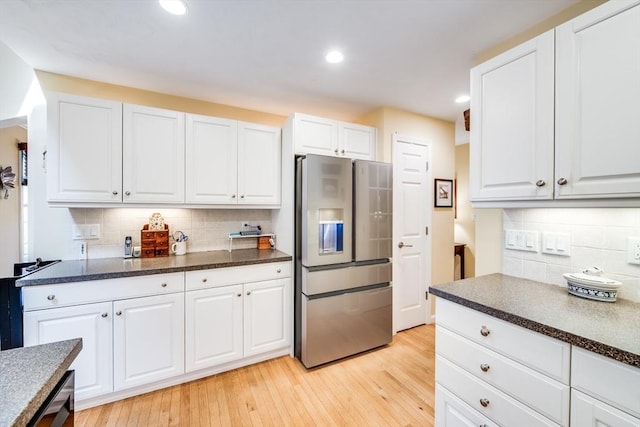11 Alice Mullens Way Unit 11, Plymouth, MA 02360 - kitchen featuring stainless steel fridge, backsplash, light wood finished floors, white cabinets, and recessed lighting