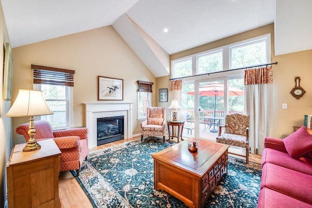 11 Alice Mullens Way Unit 11, Plymouth, MA 02360 - living area with high vaulted ceiling, plenty of natural light, a fireplace, and wood finished floors