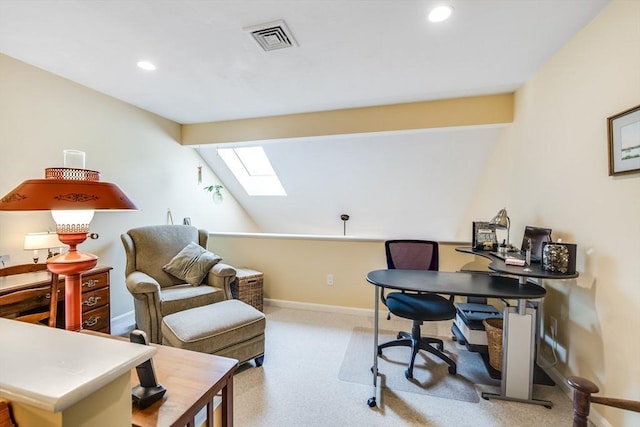 11 Alice Mullens Way Unit 11, Plymouth, MA 02360 - office area featuring a skylight, carpet, baseboards, recessed lighting, and vaulted ceiling