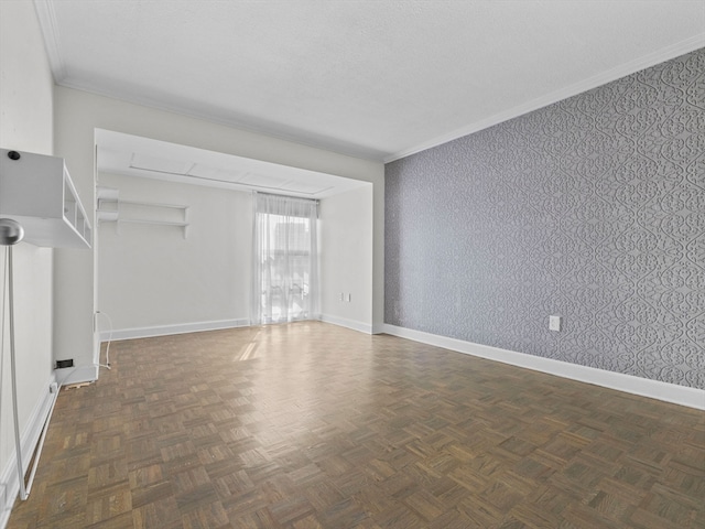 unfurnished living room featuring crown molding and dark parquet flooring