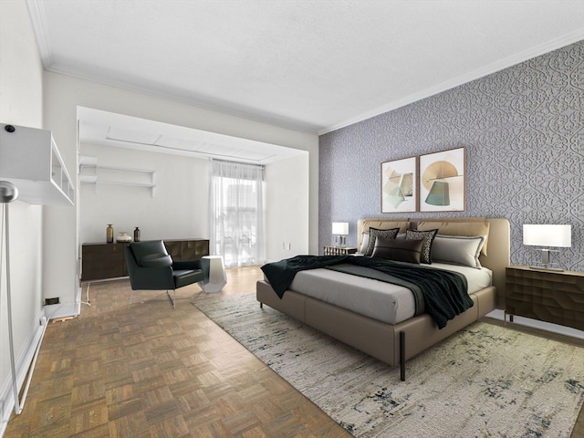 bedroom featuring ornamental molding and parquet floors