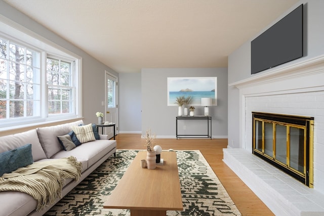 living room with a fireplace and light hardwood / wood-style flooring