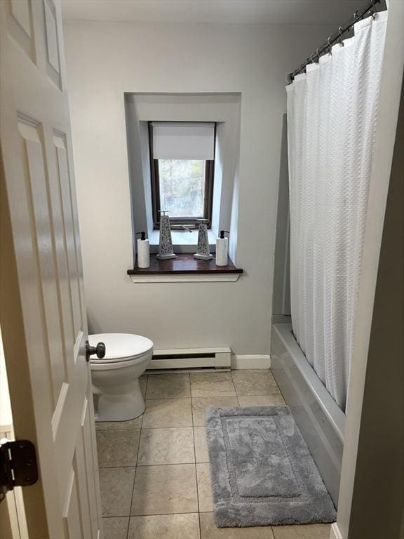 bathroom featuring a baseboard radiator, toilet, tile patterned flooring, and shower / bath combo