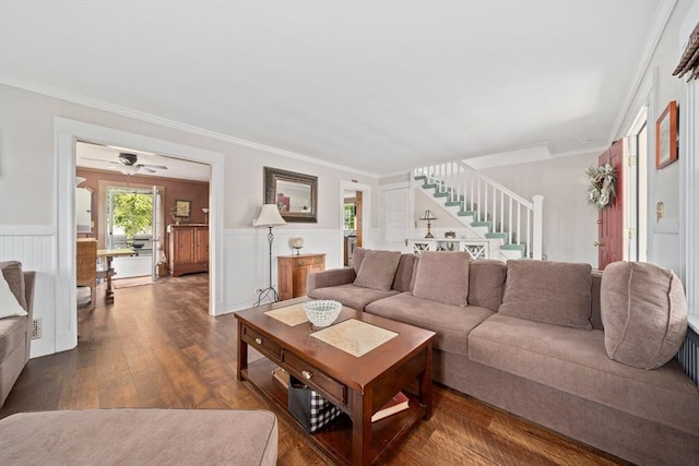 20 Harlem Rd, Weymouth, MA 02191 - living room with stairway, a wainscoted wall, dark wood finished floors, and ornamental molding
