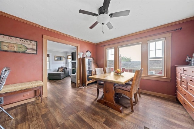 20 Harlem Rd, Weymouth, MA 02191 - dining area with a ceiling fan, ornamental molding, wood finished floors, and baseboards