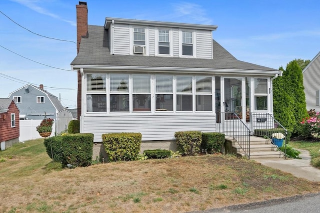 20 Harlem Rd, Weymouth, MA 02191 - bungalow featuring a chimney, a front lawn, a shingled roof, and cooling unit