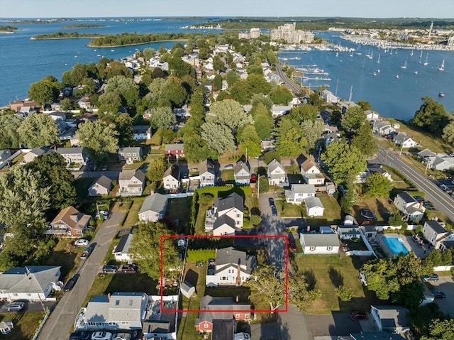 20 Harlem Rd, Weymouth, MA 02191 - aerial view of residential area with a large body of water and property parcel outlined