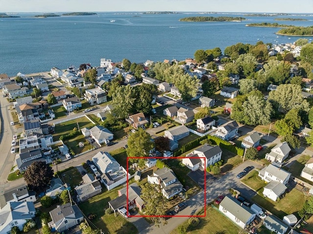 20 Harlem Rd, Weymouth, MA 02191 - aerial perspective of suburban area featuring property boundaries highlighted and a large body of water