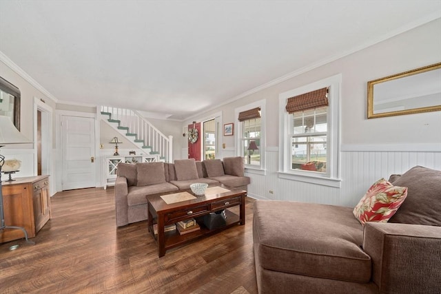 20 Harlem Rd, Weymouth, MA 02191 - living area featuring stairs, dark wood-style floors, a wainscoted wall, and crown molding