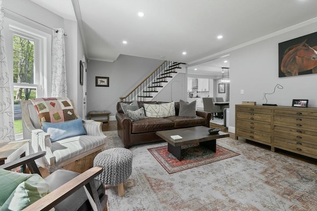 living room with recessed lighting, crown molding, baseboards, and stairs