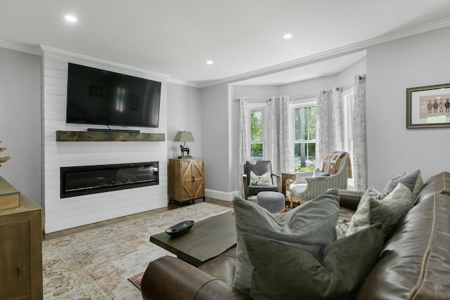 living room featuring crown molding, recessed lighting, a fireplace, and wood finished floors