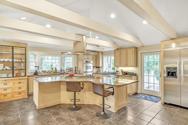 10 Ballard Ter, Lexington, MA 02420 - kitchen featuring stainless steel appliances, light brown cabinetry, a center island, a sink, and recessed lighting