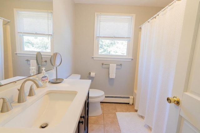 full bath with tile patterned floors, toilet, a baseboard heating unit, curtained shower, and vanity