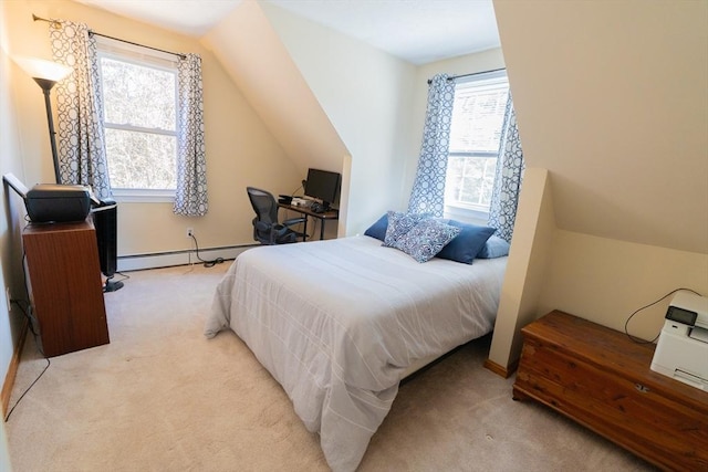 bedroom featuring light carpet, multiple windows, and a baseboard heating unit