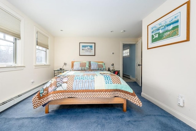 carpeted bedroom with a baseboard heating unit