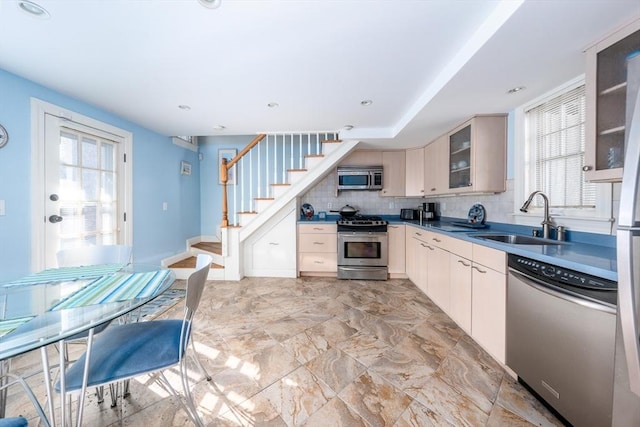 kitchen with plenty of natural light, stainless steel appliances, sink, and backsplash