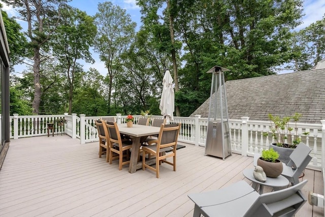 20 Birch Hill Rd, Newton, MA 02465 - wooden terrace featuring outdoor dining area and view of scattered trees