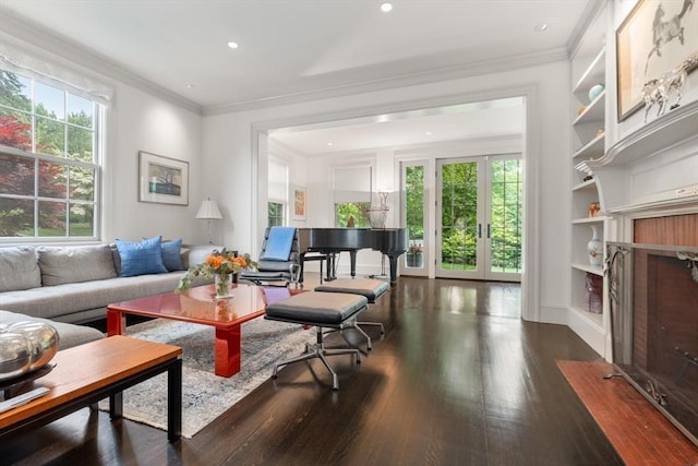 20 Birch Hill Rd, Newton, MA 02465 - living area featuring healthy amount of natural light, wood finished floors, recessed lighting, built in features, and ornamental molding