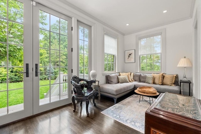 20 Birch Hill Rd, Newton, MA 02465 - living area with healthy amount of natural light, crown molding, wood finished floors, french doors, and recessed lighting
