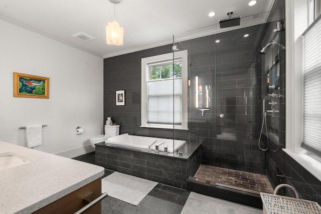 20 Birch Hill Rd, Newton, MA 02465 - full bath with vanity, a bath, crown molding, tiled shower, and tile walls