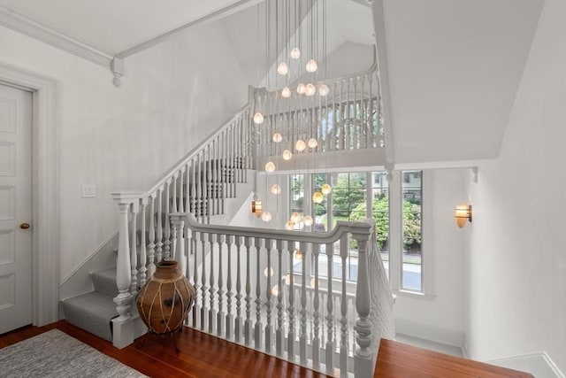 20 Birch Hill Rd, Newton, MA 02465 - staircase featuring a towering ceiling, wood finished floors, and crown molding