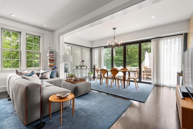 20 Birch Hill Rd, Newton, MA 02465 - living room with a chandelier, wood finished floors, crown molding, and recessed lighting