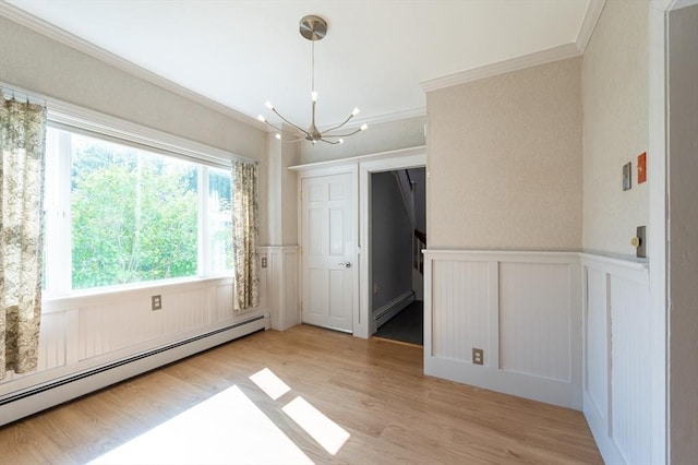 23 Shawmut Ave, Lowell, MA 01851 - unfurnished bedroom with a baseboard radiator, a chandelier, light wood finished floors, a wainscoted wall, and ornamental molding