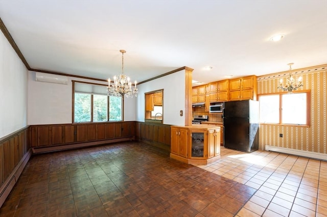 23 Shawmut Ave, Lowell, MA 01851 - kitchen featuring a chandelier, a baseboard radiator, appliances with stainless steel finishes, ornamental molding, and a wall mounted AC