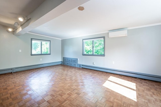 23 Shawmut Ave, Lowell, MA 01851 - unfurnished room with a wall unit AC, ornamental molding, a baseboard heating unit, baseboards, and a baseboard radiator