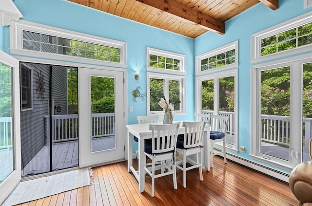 7 Paddock Way, Marshfield, MA 02050 - sunroom / solarium with a baseboard heating unit, plenty of natural light, wood-type flooring, and wood ceiling with exposed beams