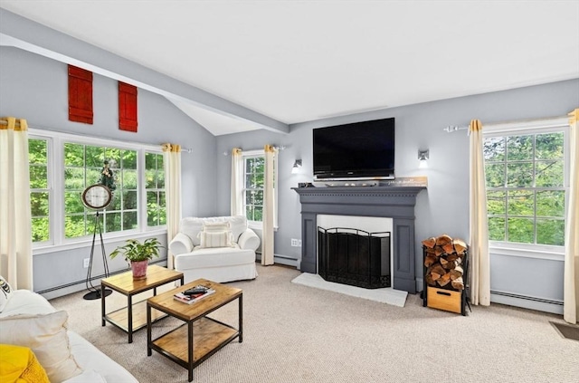 7 Paddock Way, Marshfield, MA 02050 - carpeted living area featuring lofted ceiling, a baseboard heating unit, and a fireplace