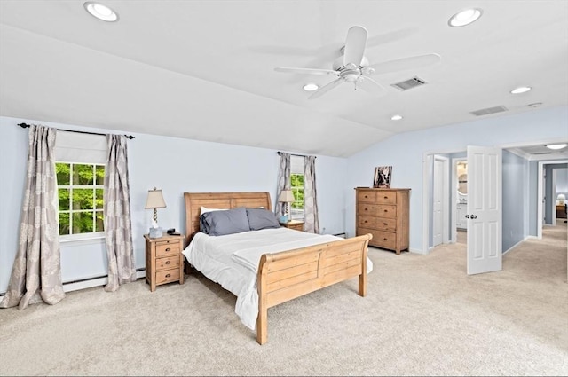 7 Paddock Way, Marshfield, MA 02050 - bedroom with light colored carpet, multiple windows, vaulted ceiling, recessed lighting, and ceiling fan