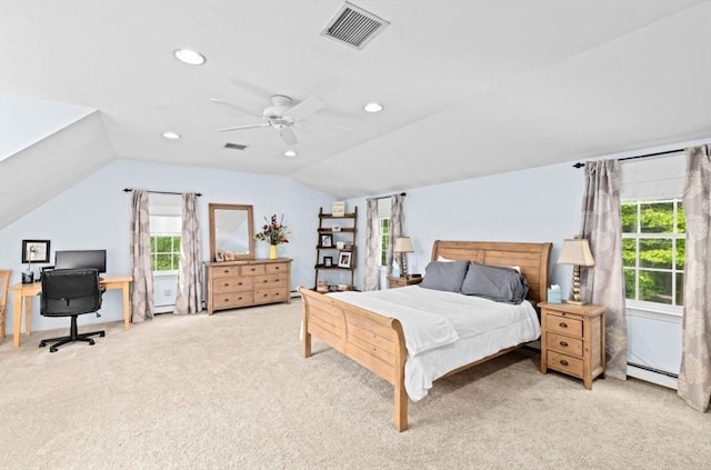 7 Paddock Way, Marshfield, MA 02050 - bedroom featuring light carpet, lofted ceiling, multiple windows, baseboard heating, and recessed lighting