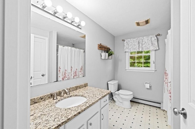 7 Paddock Way, Marshfield, MA 02050 - full bathroom featuring a baseboard radiator, vanity, tile patterned floors, toilet, and a shower with curtain