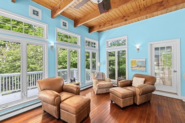 7 Paddock Way, Marshfield, MA 02050 - sunroom with a baseboard radiator, wooden ceiling with exposed beams, wood-type flooring, and healthy amount of natural light