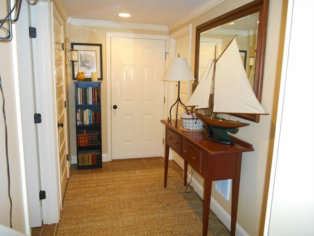 951 Dana Rd, Barre, MA 01005 - corridor featuring crown molding, baseboards, recessed lighting, and tile patterned flooring
