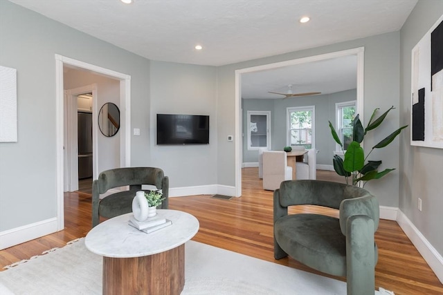 27 Round Hill St, Boston, MA 02130 - living area featuring light wood-type flooring, a ceiling fan, and recessed lighting