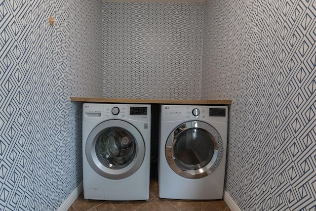 27 Round Hill St, Boston, MA 02130 - washroom featuring independent washer and dryer, tile patterned floors, and wallpapered walls